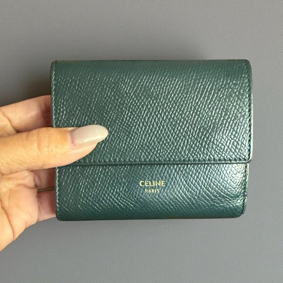 Celine Handbags - CELINE Grained Calfskin Small Tri-Fold Wallet | Green